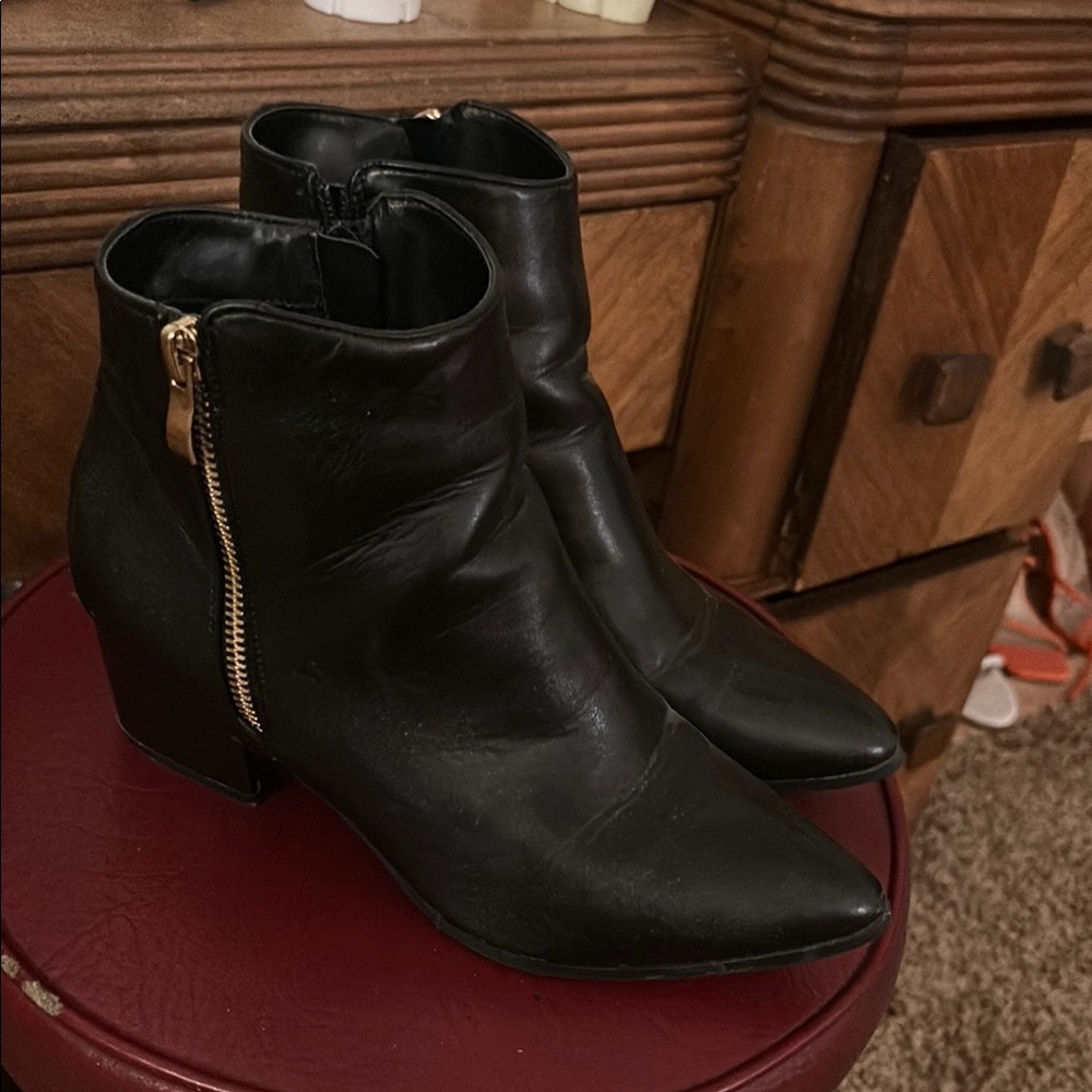 Black Leather Ankle Boots with Gold Zipper